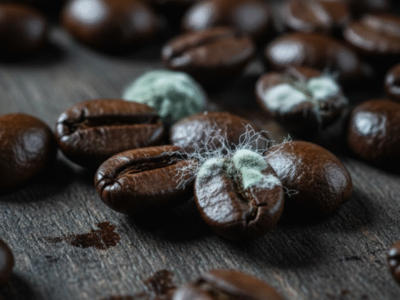 Close-up of coffee beans showing slight, isolated patches of greenish and white mold, illustrating improper drying conditions