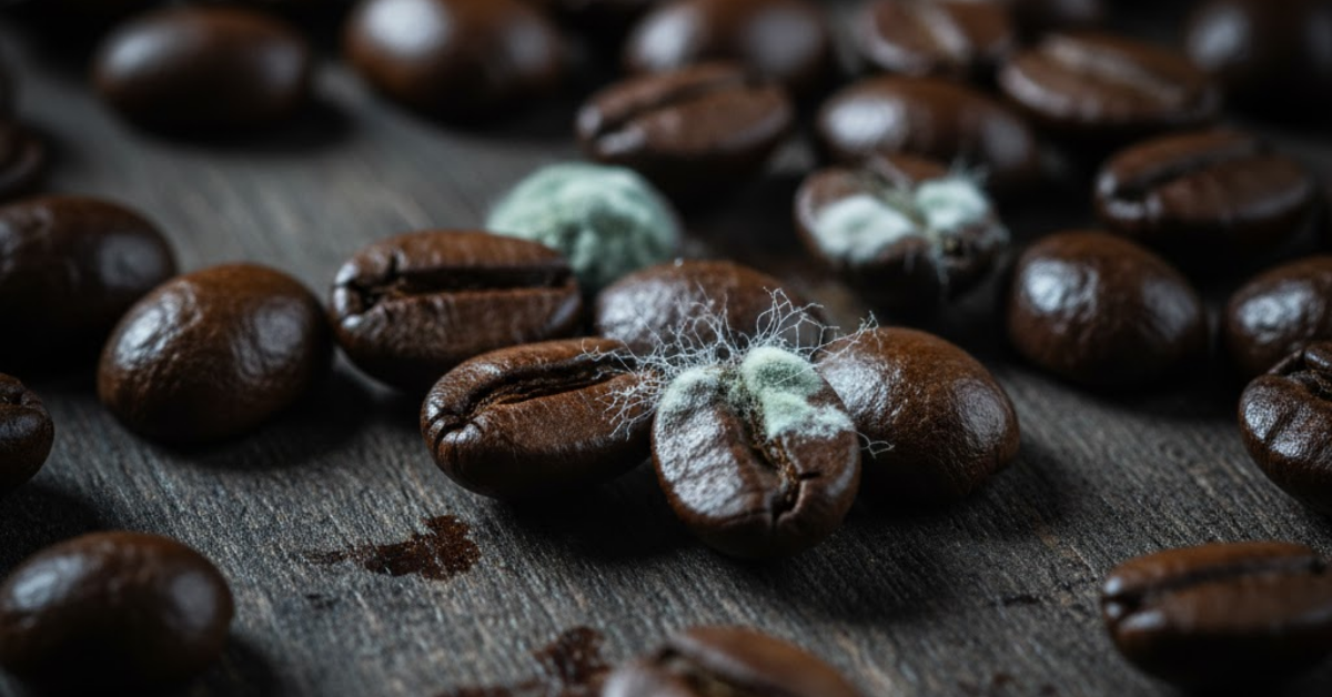 Close-up of coffee beans showing slight, isolated patches of greenish and white mold, illustrating improper drying conditions